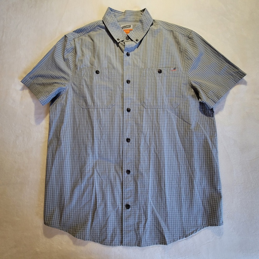 40 Grit Duluth Trading Button Down Shirt Mens L Gray Blue Grid Short Sleeve